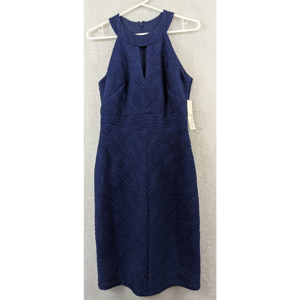 New Eliza J sz 8 Halter Sheath Dress blue shiny sleeveless textured stretch 1534